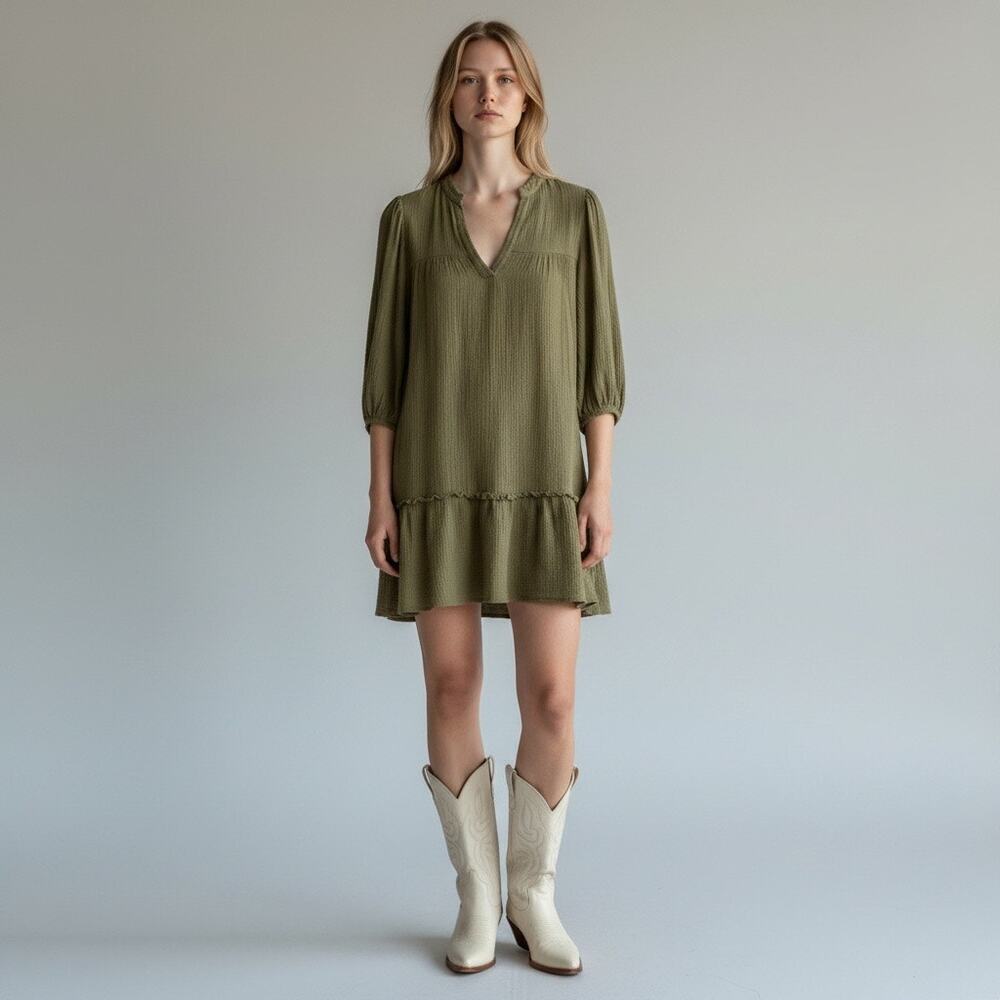 Self Contrast Olive Green Cotton Gauze Mini Dress Boho Peasant NWT S